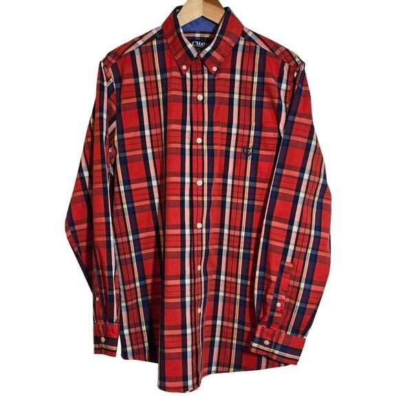 Chaps Button Down Plaid Shirt Orange Blue Long Sleeve Rustic Men's Sz Medium - Picture 1 of 8